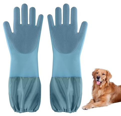 Senquoyn Hundewaschhandschuhe und Fellpflege-Handschuhe, extra lange Arme (43,9 cm) für Katze/Hund/Pferd, Massage- und Haarentfernungshandschuhe mit Badebürste (Hazy Blue)