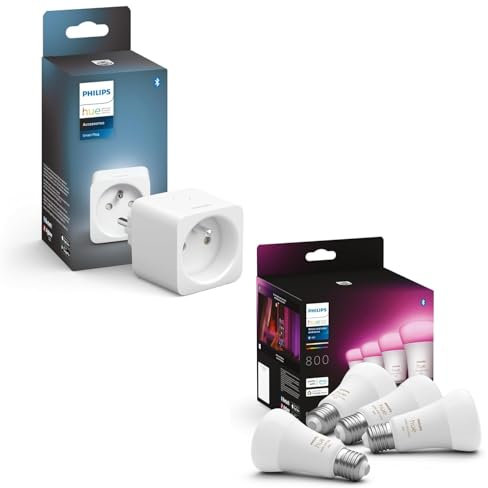 Philips Hue 4 × WACA E27 + Smarte Steckdose 4er Pack (800lm), dimmbare LED Lampen für das Hue Lichtsystem mit 16 Mio. Farben, smarte Lichtsteuerung über Sprache und App
