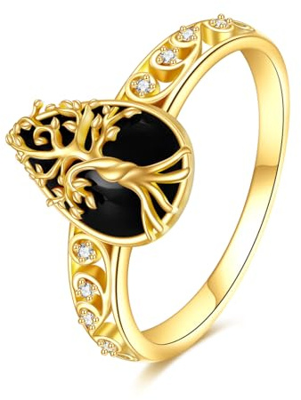 KECHO 14 Karat Gold Baum des Lebens Ring Schwarzem Onyx Ring Echtgold Schmuck Geschenke für Damen