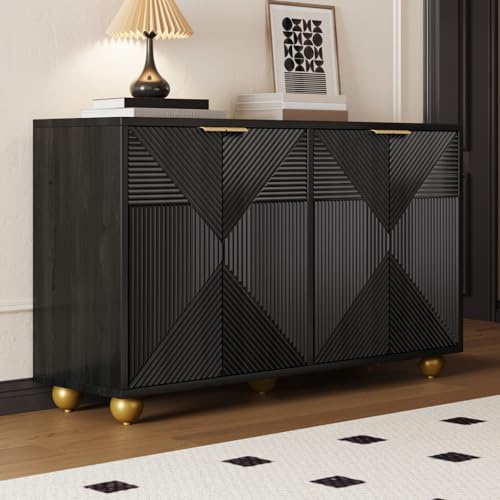 OLIVIBED Sideboard mit Runde Füße, Komode mit 4 Gestreifte Tür und Griff, Wohnzimmerschrank mit Verstellbare Einlegeböden, Küchenschrank für Küche, Wohnzimmer und Esszimmer, 120x35x71.5cm, Schwarz