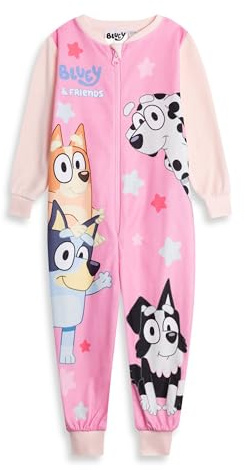 Bluey & Friends Girls Pink Onesie | Long Sleeve Zip-Up Microfleece Loungewear, Bingo, Chloe & Mackenzie | Sleepwear for Kids | Comfy Nightwear Merch