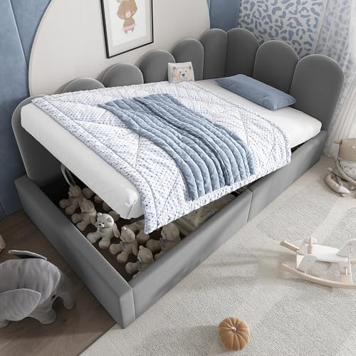 TOBIDOEN Daybett Schlafsofa 90x200, Polsterbett mit Bettkasten und Stauraum, L-förmiges Schrankbett Passt zu Vielen Schlafzimmerstilen, Metall-Lattenrost, Samtstoff, Ohne Matratze (Grau, 90x200 cm)
