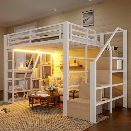 Merax Hochbett 140x200 cm, Metallbett mit Treppe und Rausfallschutz, Funktionsbett Kinderhochbett mit LED, Ablagefach, offener Stauraum unter dem Bett, Jugendbett Bettgestell (ohne Matratze), Weiß