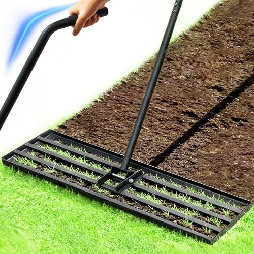 Rasenrakel 120cmx25cm, Schwerer Nivellierrechen mit Ergonomischem Gebogenem Griff, Rasenrechen für Erde, Kies, Dünger, Ideal für Garten, Hof und Golfplatz (185cm)