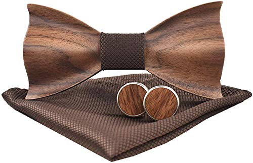 Holzfliege männer holz fliege herren klassische 3d geprägte hölzerne Fliege Set Plaid Quadrat Schal Manschettenknöpfe Lässige Massivholz Umweltschutz Set (Braun)