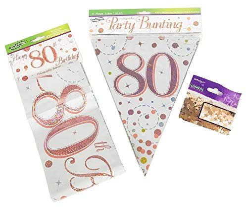80th Birthday Decoration Kit Age 80 Decorations Banner Bunting Confetti Rose Gold FANCYDRESSCOZ FDC Him Her Men Women