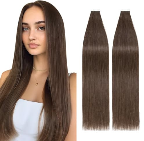 Silk-co Tape in Extensions Echthaar 40stk, Remy Tape Extensions Echthaar, Skin Weft Haarextensions Kleber Tape in Haarverlängerung 100g 02# Dunkelbraun 50cm