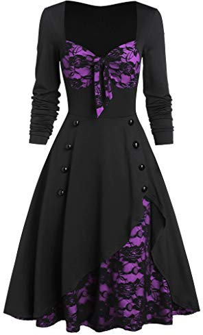 Huttam Robe Vintage Années 50 Pin Up Femme Manche Longue Dentelle Rockabilly Robe Femme Chic et Elegant Bapteme Grande Taille Robe Soiree Femme Longue Ceremonie Cocktail Déguisement (Violet, L)