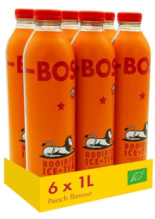 BOS Organic Peach Rooibos Ice Tea Drink, 1L Bottles (6-Pack) | Fruity & Smooth, Caffeine Free, Perfect for Sharing, Refreshing Beverage