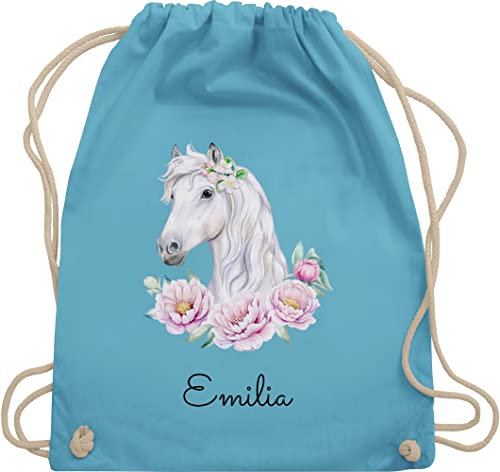 Turnbeutel Rucksack - Pferde - Pferdekopf Motiv mit Name personalisiert I Pferdemotiv I Pferd Name - Unisize - Hellblau - mädchen pferderucksäcke pferden pferdemädchen beutel personalisierter