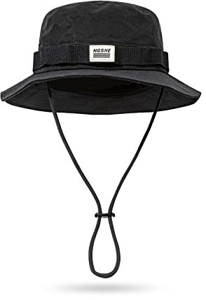 CLAPE Outdoor Sonnenhut Herren UV Schutz Safari Boonie Hat Faltbar Fischerhut mit Kinnband Leichtgewicht Buschhut Verstellbar Schlapphut Black DFH01