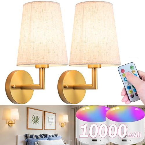 Applique murale à piles avec télécommande, à intensité variable, à piles, lampe murale d'intérieur sans fil avec ampoule rechargeable pour chambre à coucher, salon (