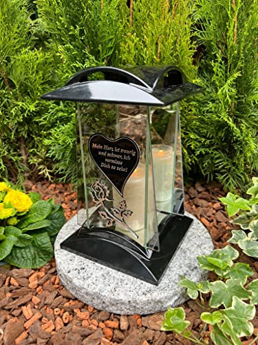 Grablampe Laterne mit Motiv und Spruch - Mein Herz ist traurig und schwer, ich vermisse Dich so sehr - Grabkerze 27 cm H. Grabschmuck Neue Model ohne Sockel.