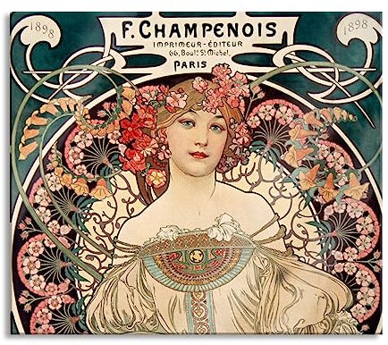 Alfons Mucha - Frau umringt von Blumen Herdabdeckplatte & Spritzschutz aus Echtglas | Für Herd-Kochfelder | 60x52 cm