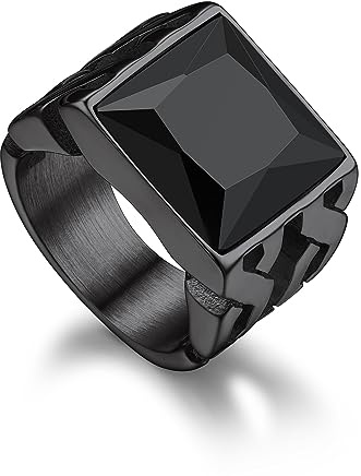 Bandmax Men's Black Onyx Signet Ring - Stainless Steel Black Chunky Gemstone Biker Engagement Wedding Ring Size 10 for Men - Gift for Father, Husband, Son