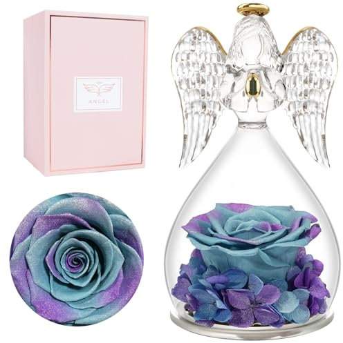 Miofula Frauen Geschenk Weihnachten, Ewige Rose Engel Figur Geschenke für für Mama, Ewige Blume Engel Glaskuppel, Echte Rose Geschenke für Mutter Oma Freundin zum Geburtstag Valentinstag Muttertag