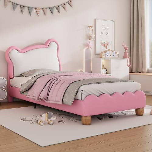 Merax Einzelbett Kinderbett Jugendbett Polsterbett für Kinder und Jugendliche (90x200 cm) mit Bärenkopfteil - Rosa Polsterbett inklusive Holzlattenrost und PU-Bezug