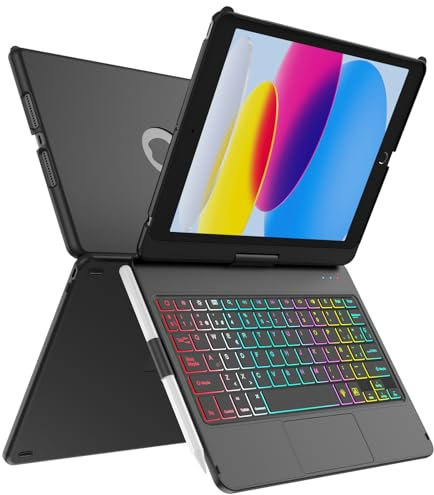 MMK Funda Teclado para iPad 9 Generacion 10.2 2021 con Touchpad, Giratoria de 360° & 7 Teclas retroiluminadas de Color & Conexión inalámbrica Bluetooth con Ranura de Lápiz, para iPad 10.2 9ª/8ª/7ª