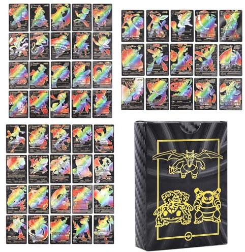 55 PCS Cartoon Karten Gold Schwarz Silber Seltene Karten Set, Keine Duplikate Karikaturen Comics Sammelkarten für Kindergeburtstag Party Geschenke Karten (5GX+3Vstar+47V-max, A Schwarz)
