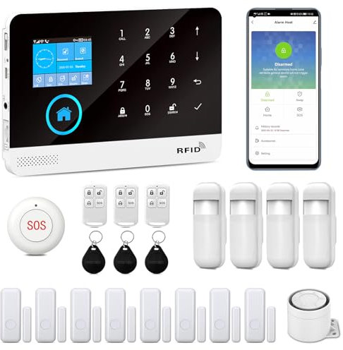 XNY 2G Alarmas para Casa, WiFi Sistema de Alarma Doméstica Inalámbrico con Alerta App, 21 Piezas: Sirena, Detectores de Movimiento, Sensores de Puertas y Ventanas, Mandos a Distancia