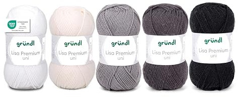 Gründl Wolle Lisa Premium uni - Garn zum Stricken - Strickgarn - Häkelgarn - Weich und hautfreundlich - 100% Polyacryl 5 Knäuel 50 g / 133 m - Nadelstärke 3,5-4,5 - Weiß-Grau-Schwarz