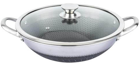 4BIG.fun Asia Wok Poêle wok en acier inoxydable 36 cm anti-adhésive avec couvercle en verre Passe au four à induction