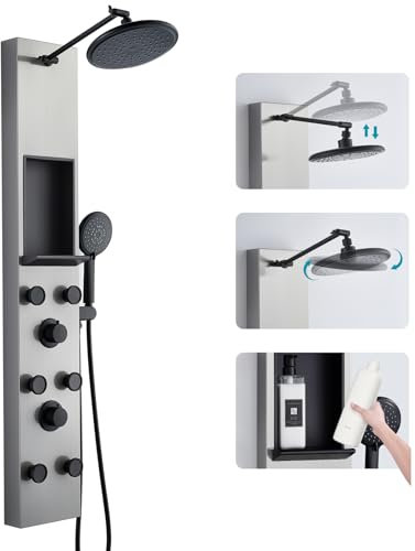 KEOKBON 3 in 1 Duschpaneel mit Ablage and Höhenverstellbar 20cm Kopfbrause, 5 Funktionen Duschsäule mit 6 Körperdüsen Handbrause Wanneneinlauf, Duschsystem Duschpaneele Edelstahl Gebürstetes & Schwarz