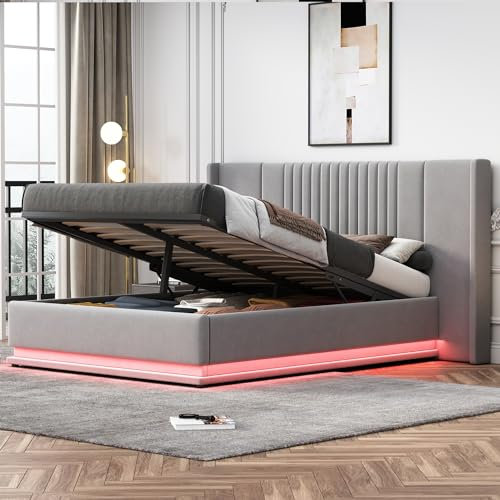 Doppelbett 140x200cm, Polsterbett mit verlängertem Kopfteil und LED-Beleuchtung, Bettanlage mit Lattenrost, Hydraulisch Stauraumbett Funktionsbetten Rückenlehne Bettgestell, Samt, Ohne Matratze, Grau