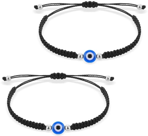 Lusofie 2 Stück Böser Blick Schnur Armbänder Evil Eye Armband Mit Bösem Blauen Auge Verstellbar Handgefertigt Schwarze Schnur Böser Blick Armband Für Paare Freundschaft Glücksbringer