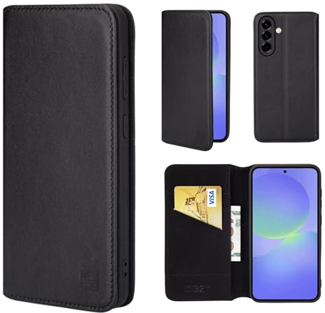 32nd Classic Series 2.0 - Real Leather Book Wallet Flip Case Cover For Samsung Galaxy A36 5G / Galaxy A56 5G, With RFID Blocking Card Slot, Magnetic Closure and Built In Stand - Black