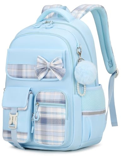 Tanou Schulrucksack Mädchen Kinderrucksack, Wasserdicht Rucksack Teenager Daypack, Kawaii Karo-Schulranzen für Mädchen 9-16 Jahre mit Trolleyband, Blau
