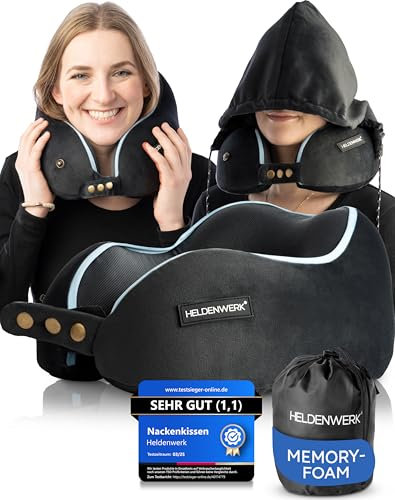 HELDENWERK Comfy Nackenkissen Flugzeug mit Kapuze - Memory Foam Reisekissen Flugzeug (samtweich & atmungsaktiv) 6-Fach Verstellbar, Nackenhörnchen Erwachsene, Travel Pillow, Nackenkissen auto waschbar