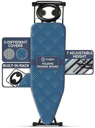 CUQOO Folding Ironing Board – 122x38cm, Adjustable Height (74-91cm), Durable with Safety Lock & Anti-Skid Feet, Includes Silicone Iron Rest & 2 Stylish Covers
