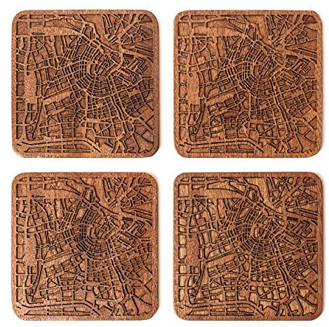 Amsterdam Untersetzer mit Landkarte aus Sapeli-Holz, 4 Stück, mit Stadtkarte, mehrere Stadt optional, handgefertigt