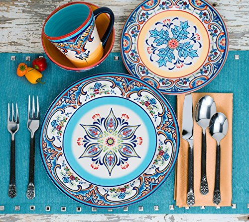 Euro Ceramica ZB-1600-ST Tafelservice aus Steingut, 16-teilig Geschirr-Set, Steinzeug, Spanisches Blumenmuster, Mehrfarbig, Türkis, Blau, Gelb und Rot