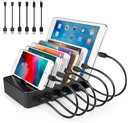 TechDot Station de Charge USB Chargeur Multiple 6 Ports Station Recharge avec Interrupteur Support de Charge pour Téléphone Tablette et Plus appareils,6 Câble Courts Inclus, Nior