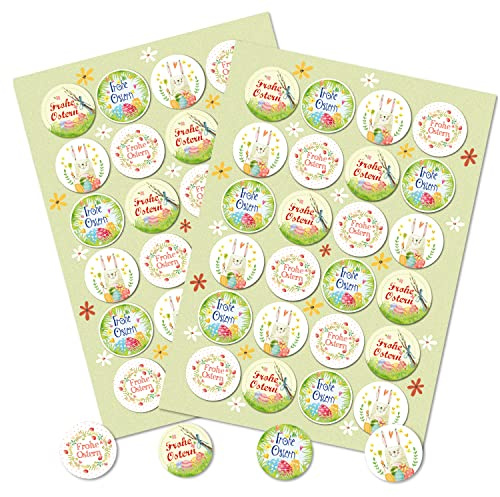 Aufkleber Set Ostern: 48 Runde Ostersticker, Hochwertiger Druck, Bunt mit Osterhasen & Frohe Ostern Schriftzug, Osteraufkleber für Geschenke, Tüten & Karten, Selbstklebend, Made in Germany, ⌀ 4 cm