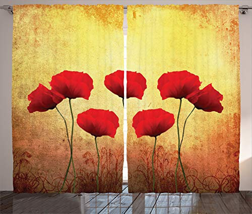 ABAKUHAUS Blumen Rustikaler Gardine, Retro Mohnblumen-Blumen, Schlafzimmer Kräuselband Vorhang mit Schlaufen und Haken, 280 x 245 cm, Hellgelb Scharlachrot