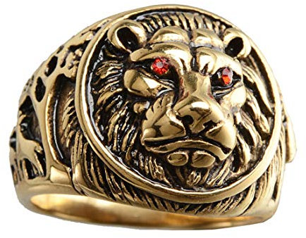 HIJONES Herren 316l Edelstahl Gothic Rote Augen Biker Löwe Siegelring Gold Schwarz Größe 68
