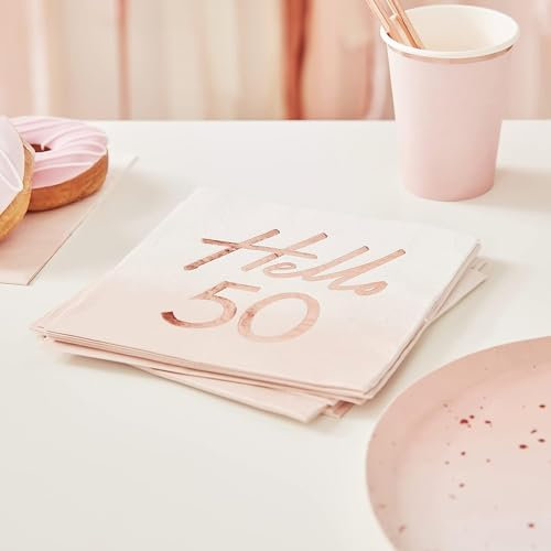 Miss Lovely Servietten Hello 50 zum 50. Geburtstag in rosa Blush & metallic rosé-Gold Kupfer Geburtstags-Deko Geburtstags-Feier Tisch-Dekoration runder Geburtstag 50. Geburtstag Frauen 48 Servietten