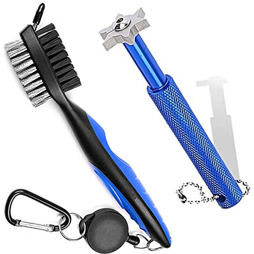 Golf Club Brush and Golf Groove Cleaner Sharpener Tool Set, Cleaning Sharpening Kit for Wedge Irons, Double Sided Brush with Spike Zip-Line Clip Easy to Use and Attach to Golf Bag Ball Pouch (Blue)
