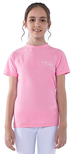 TIZAX Camiseta Natación con Protección Solar para Niñas Traje de Baño de Manga Corta Rashguard para Surf/Nadando/Buceo/Playa Rosa 7-8 años