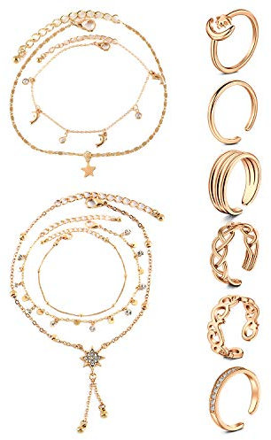 JFORYOU Anklets and Toe Ring Set for Women Girl Silver Rose Gold Chain Layered Anklets Toe Rings Ankle Bracelets Open Adjustable Toe Rings Beach Foot Jewelry