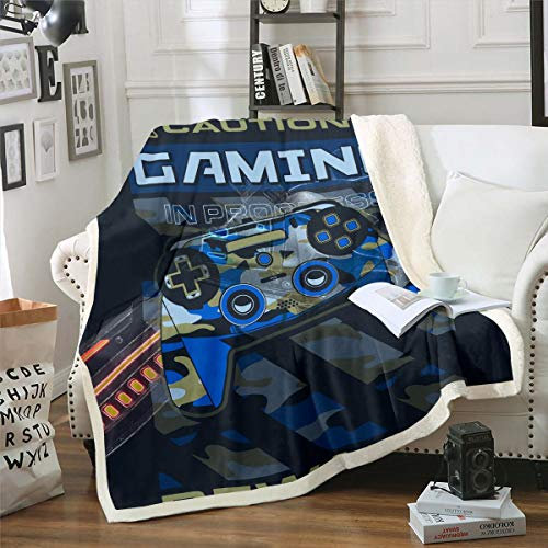 Gamer-Überwurfdecke, Camouflage-Gamepad-Fleecedecke für Erwachsene, Jungen, Teenager, Spielzimmer, Dekoration, Geschenke, Sherpa-Überwurf, Decke, bunte Action-Knöpfe, Bettdecke, Queen-Size-Größe