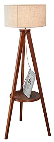 MQQ Tripod Shelf Floor Lamp, Wooden Shelves, Mid Century Modern Standing Light, Flaxen Lamp Shade, Wood Vertical Floor Reading Lamp For Living Room, Bedroom Lighting