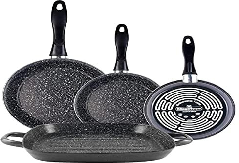 Magefesa K2 Gransasso Set juego 3 sartenes 18/20/24 cm y asador cuadrado 28 cm con 2 asas, acero esmaltado vitrificado, inducción y lavavajillas, gris