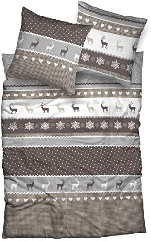 sister s. Biber Bettwäsche BERNAU im Landhausstil kuschelige Winterbettwäsche Hirsche Herzen Mustermix (155x220 cm, Silber braun)