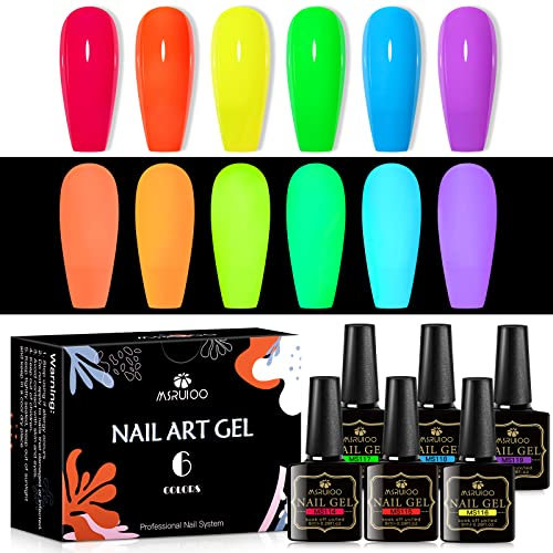 MSRUIOO Glow in the Dark Gel Nail Polish, 6 Colors Luminous Neon Gel Polish Set Fluorescent Bright Colors Hot Pink Yellow Purple Glow Effect Soak Off UV Gel Polish for DIY Nail Art Design