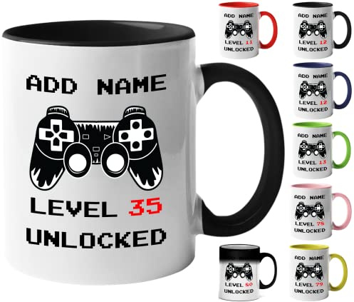 Mr Jeans 35th Birthday Gamer Gift - Personalised Mug/Cup - Add Name - Level 35 Unlocked Gamer Mug, Birthday Gifts for Boys or Girls, Novelty Mug, Video Game Design, Gaming Gifts for Him or Her