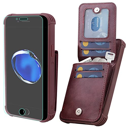 VANAVAGY Compatible for iPhone SE/8/7 Wallet Case,Leather Magnetic Clasp Flip Folio Shockproof Phone Cover[Screen Protector Included] Credit Card Holder Kickstand, burgundy
